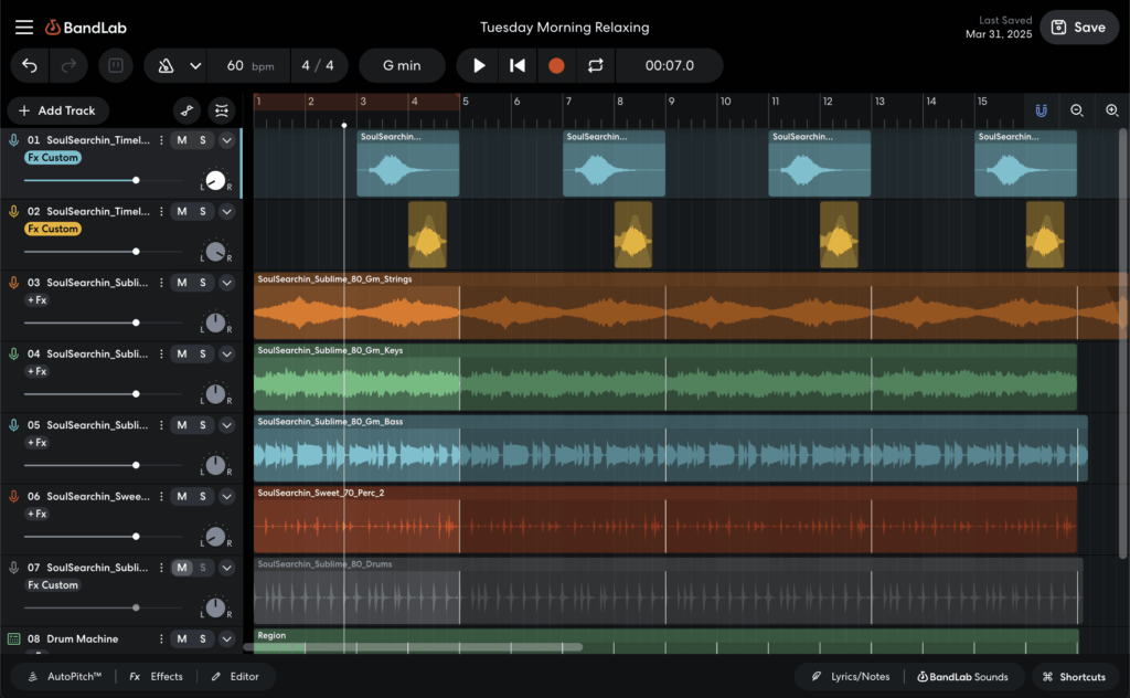 Arranging your music in BandLab using regions